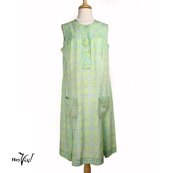 Vintage Sleeveless Day Dress Green & White Flower Print 2 Pockets Sz L - Hey Viv - Picture 1 of 8